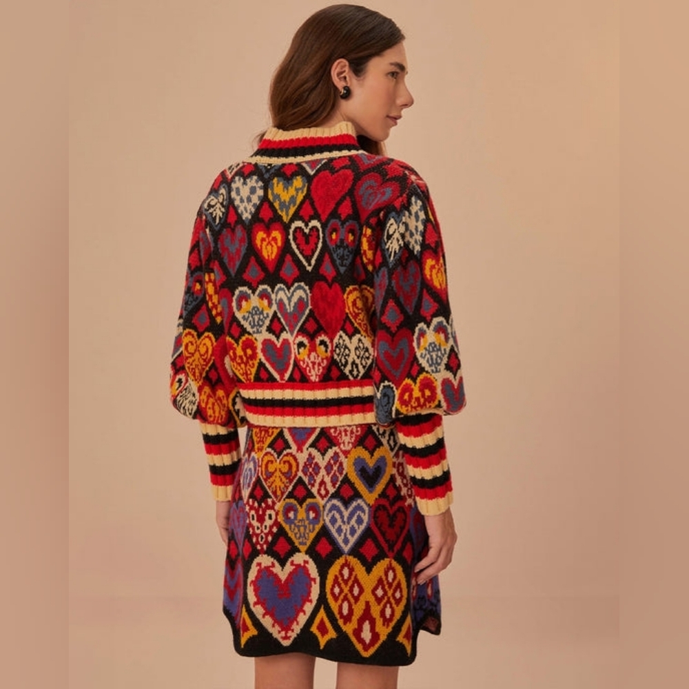 Bundle Farm Rio Black Hearts Ikat Knit Sweater and Skirt In Size Large. - Picture 10 of 16